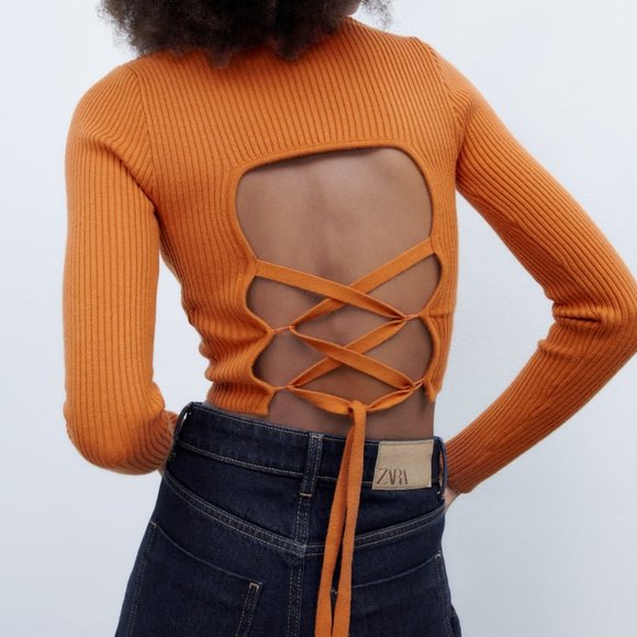 NWT Zara Lace-up Open Back Knit Top. - Picture 3 of 10